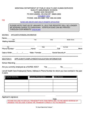 Fillable Online Dphhs Mt Cna Nursing Student Application Fax Email