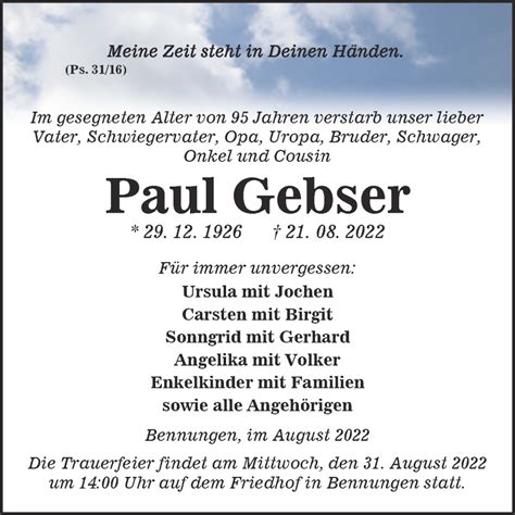 Traueranzeigen Von Paul Gebser Abschied Nehmen De