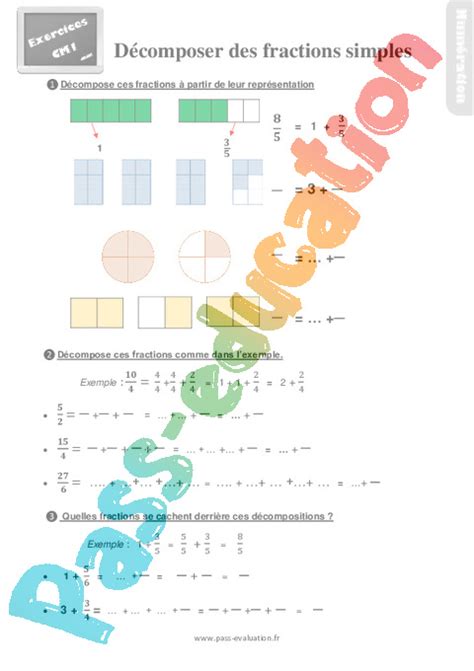 Bilan pour le CM1 sur décomposer les fractions simples Evaluation