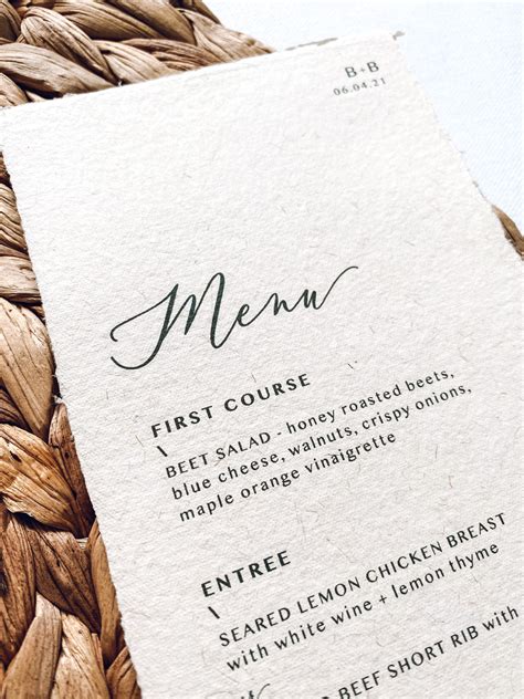 Hand Made Paper Menu Printed Wedding Menus On Handmade Paper Etsy