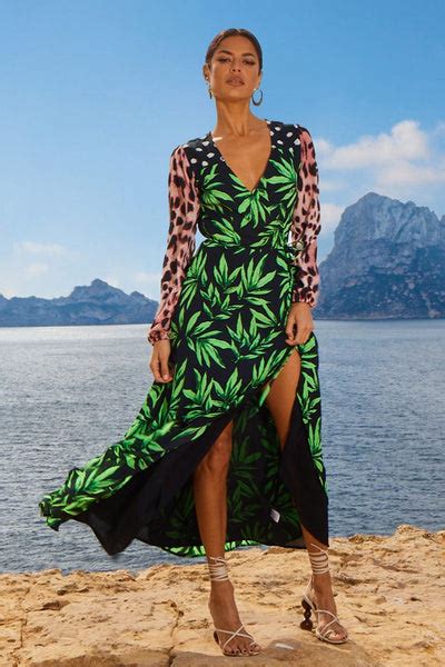 Jagger Maxi Wrap Dress In Tropic Green On Black Mix Dancing Leopard