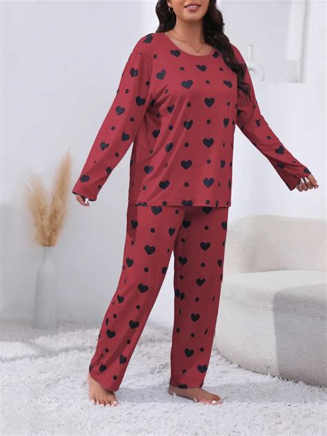 Plus Size Cute Pajamas Set Womens Plus Heart Print Long Temu