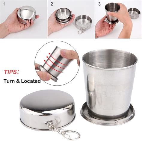 Travel Stainless Steel Collapsible Cup 240ml With Metal Telescopic Keychain With Plastic