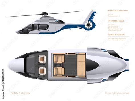 Private helicopter interior. 3d cockpit blueprint. Top, side view of ...