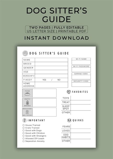 Dog Sitter Instructions Pet Sitter Template Printable Pet Care Info