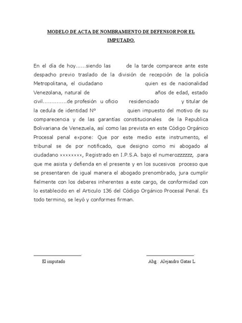 Modelo De Acta De Nombramiento De Defensor Por El Imputado Pdf