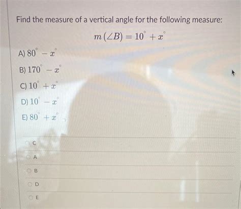 Solved Find the measure of a vertical angle for the | Chegg.com