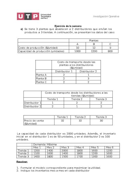 Semana 09 ejercicio resuelto Investigación Operativa Ejercicio de la