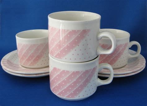 Cup And Saucer Set Of 4 Pink Polka Dots Stripes Shades Churchill 1960