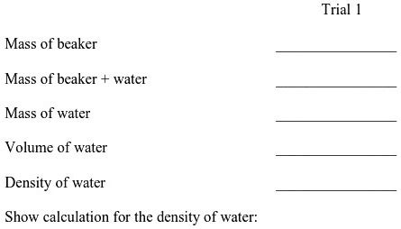 Solved Trial Mass Of Beaker Mass Of Beaker Water Mass Of Water Volune