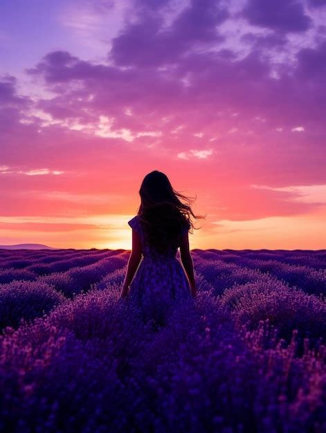 Fille Dans Un Champ De Fleurs Avec Le Coucher De Soleil En Arrière Plan