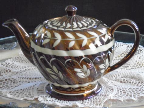 Copper Lusterware Sadler Teapot Ivory Leaves On Swirl Copper Pot Made