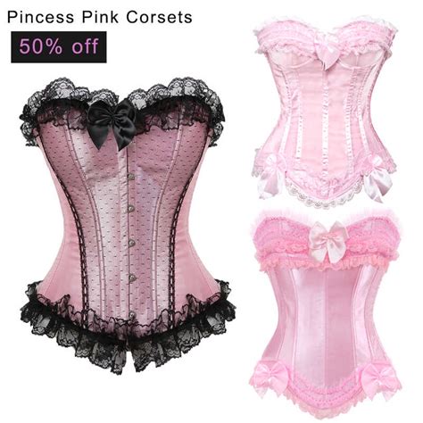 Pink Corset Bustier Top Victorian Overbust Princess Corset Lace Trim