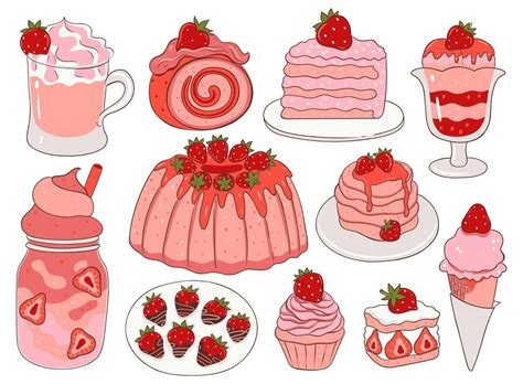 Set Of Strawberry Desserts Isolated On White Background Vector Graphics 14049824 Vector Art At