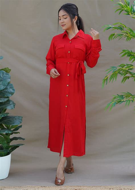 Get Red Shirt Dress With Belt at ₹ 1999 | LBB Shop