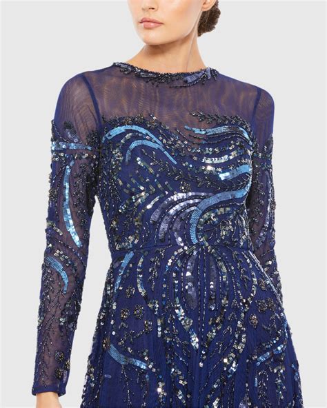 Long Sleeve Embellished Illusion Evening Gown Mac Duggal