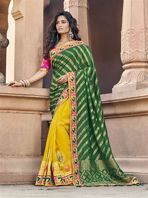 Green Yellow Banarasi Silk Jacquard Woven Thread And Zari Embroidered