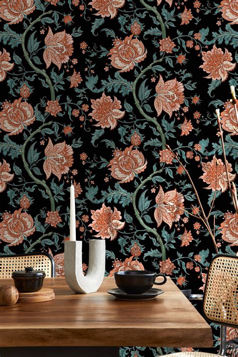 Dark Vintage Floral Wallpaper / Peel and Stick Wallpaper Removable Wal ...