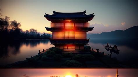 Premium Ai Image A Japanese Building On A Pier With The Sun Setting