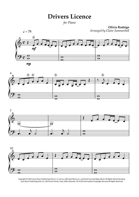 Drivers License Arr Claire Summerbell By Olivia Rodrigo Sheet Music For Easy Piano At Sheet