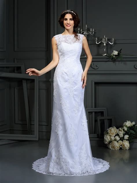 Sheath Column High Neck Lace Sleeveless Long Lace Wedding Dresses Hebeos