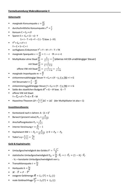 Formelsammlung Makro II Formelsammlung Makroökonomie II Gütermarkt