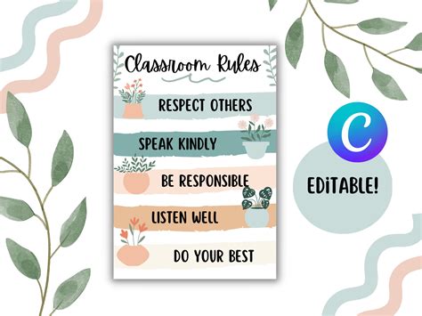 Boho Leaves Themed Classroom Rules Poster Editable Printable Canva Template Rules Greenery Etsy