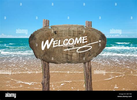 Welcome Wooden Signboard On Tropical Beach Stock Photo Alamy