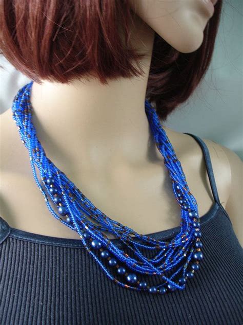 Blue Multilayered Seed Bead Necklace Fashion Jewelry Etsy Beaded Necklace Seed Bead