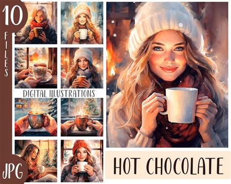 Watercolor Christmas Hot Drinks Clipart Girl With Hot Chocolate