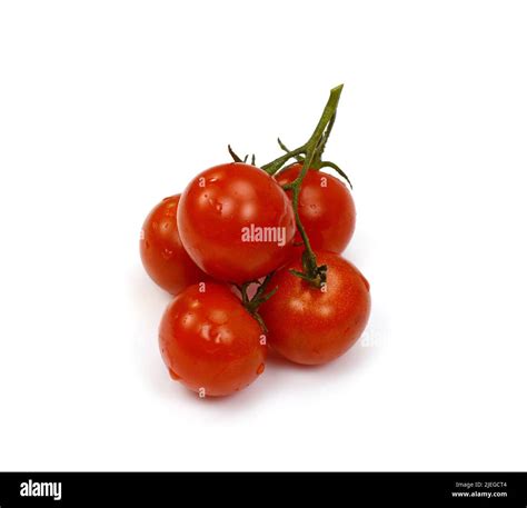 Bunch Of Fresh Red Tomatoes With Green Stems Isolated On White