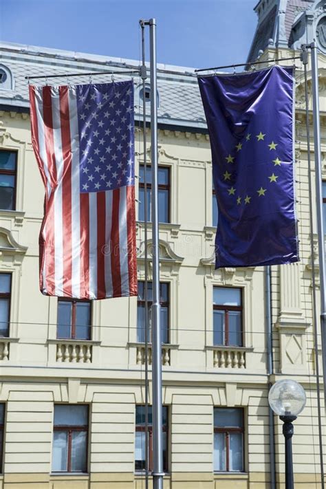 Usa And European Union Flags Stock Photo Image Of Stars Blue 248054786