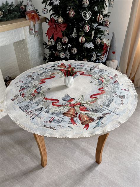 Round Christmas Tablecloth, Winter Holiday Table Linens, Xmas Tapestry Table Cover - Etsy