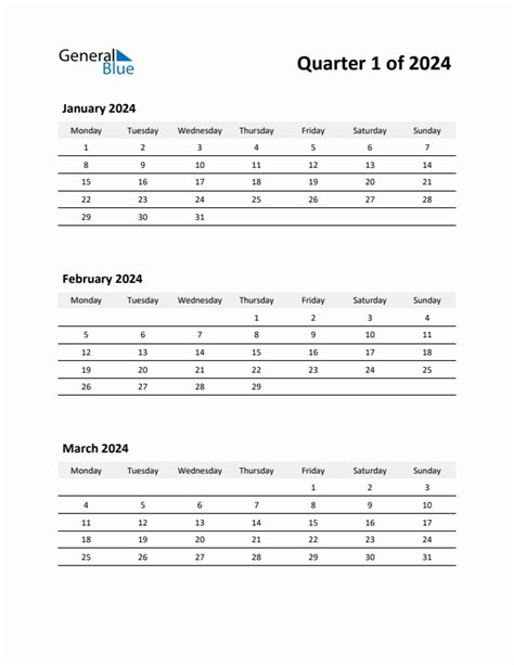 Three-Month Calendar Template - Q1 2024