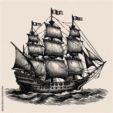 Hand Drawn Ship Old Engraving Vector Illustration Style Illustration