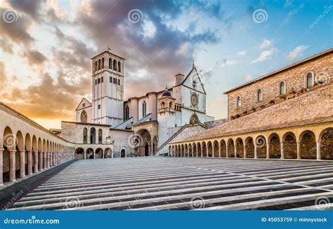 Basilica Of St Francis Of Assisi At Sunset In Assisi Umbria Italy Stock Image Image Of Hill