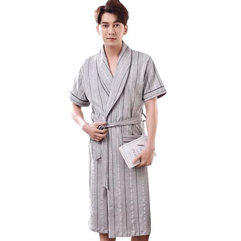 Striped Robe Men Summer Short Sleeve 100 Cotton Bathrobe Male V Neck