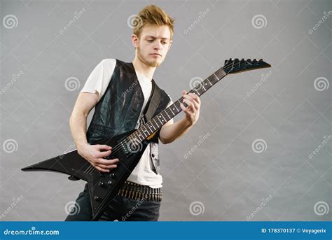 Man Playing On Electric Guitar Stock Image Image Of Rock String