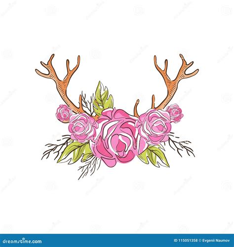 Deer Horns With Pink Rose Flowers Hand Drawn Floral Composition With Antlers Vector