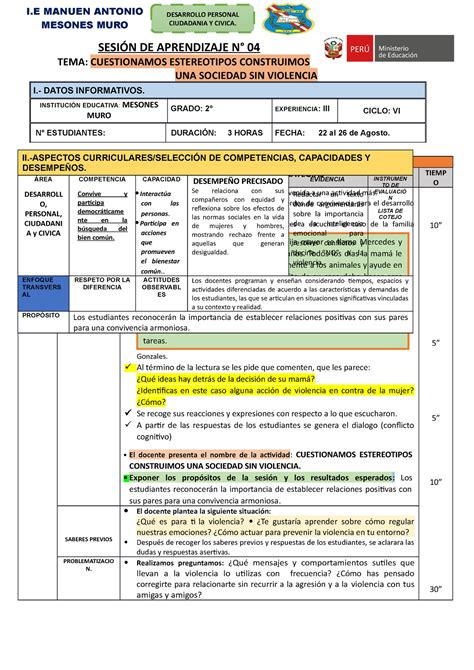 Sesi N Dpcc Sociedad Sin Violencia Sesi N De Aprendizaje N