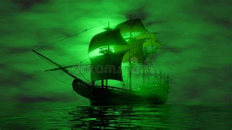 Pirate Ship Sailing In The Fog In Green Lighting Stock Illustration