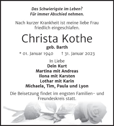 Traueranzeigen Von Christa Kothe Abschied Nehmen De