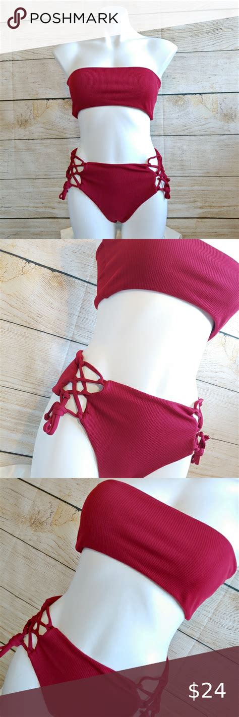 Zaful Lace Up Ribbed Straples High Waist Bikini M High Waisted Bikini