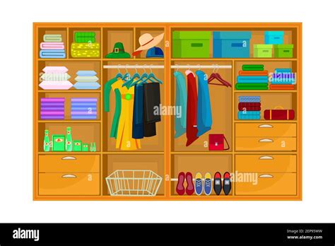 Closet With Clothes Boxes And Shoes Isolated On White Background