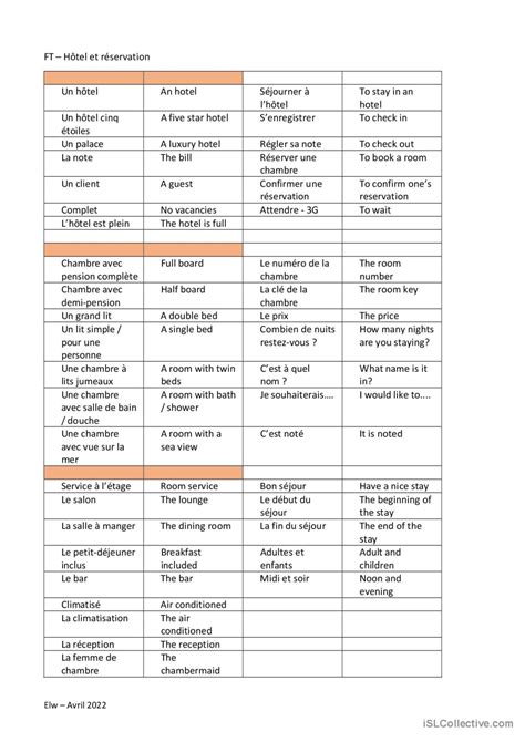 Ft H Tel Et R Servation Compr Hensio Fran Ais Fle Fiches Pedagogiques