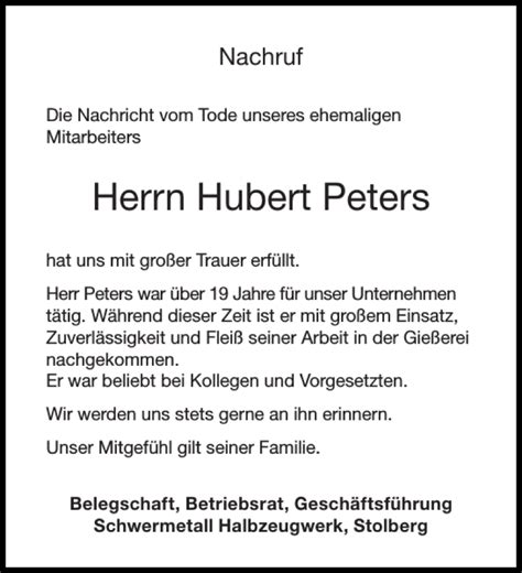 Traueranzeigen Von Hubert Peters Aachen Gedenkt