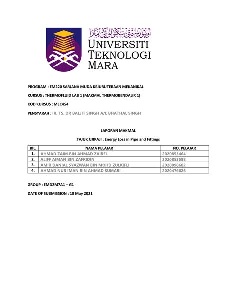 Lab Mec Lab Report Energy Loss In Pipe And Fittings Program