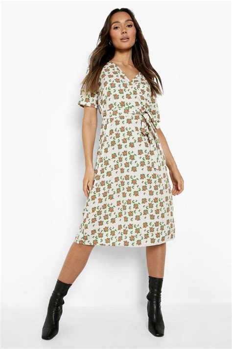 Womens Floral Print Belted Midi Wrap Tea Dress Boohoo Uk