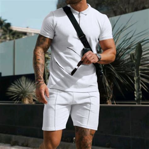 Men Summer Outfit 2 Piece Set Short Sleeve Sports Shirt And Shorts