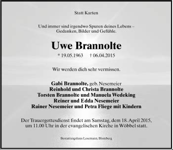 Traueranzeigen Von Uwe Brannolte LZ Trauer